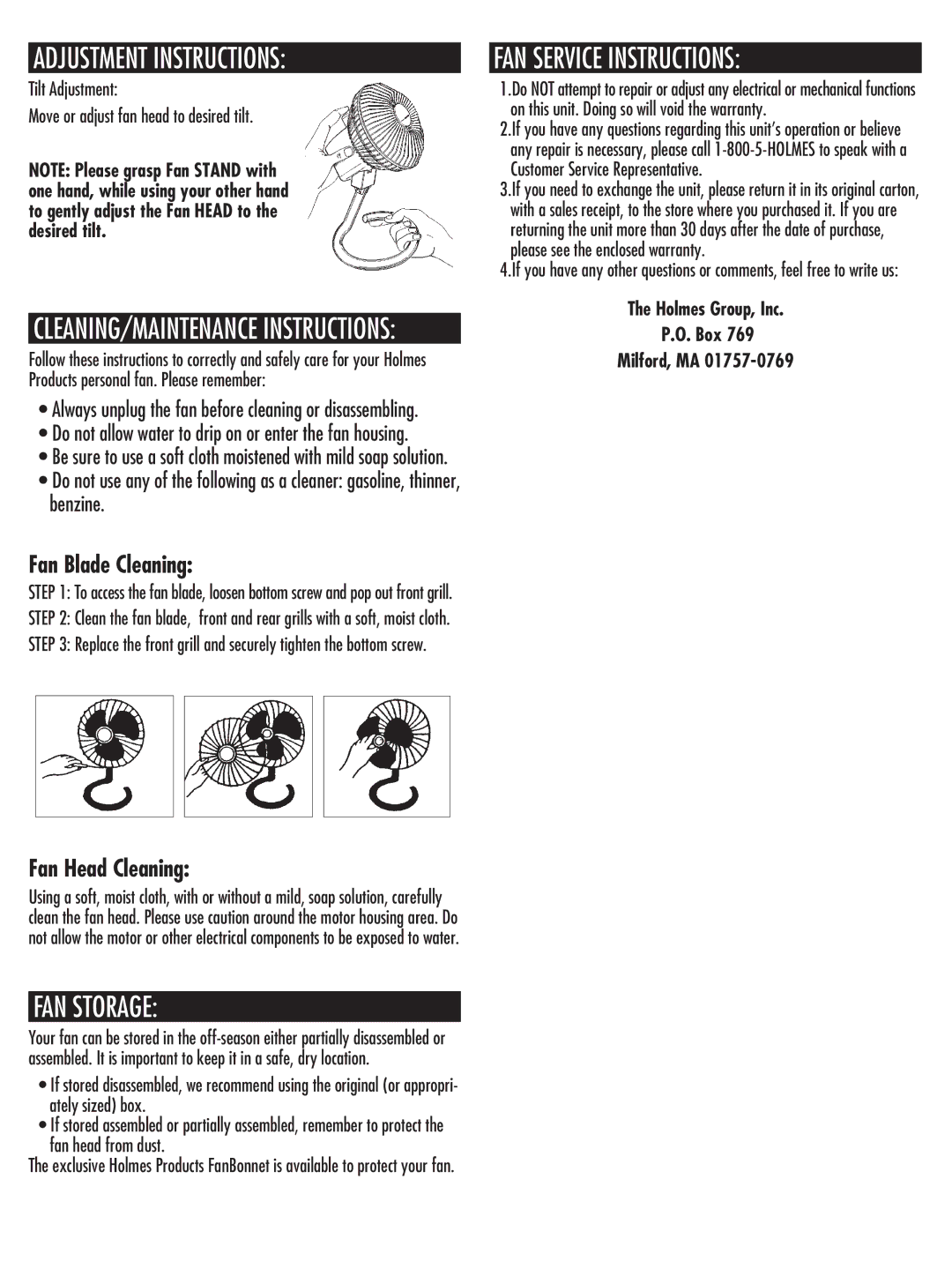 Holmes HANF-75 manual Adjustment Instructions, FAN Storage, FAN Service Instructions 