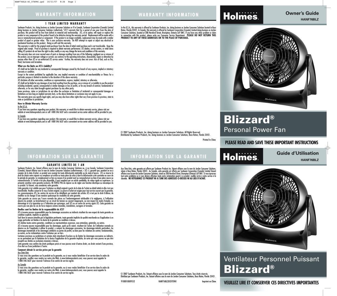 Holmes HANF76BLZ warranty Wa R R A N T Y I N F O R M At I O N, Owner’s Guide, Guide d’Utilisation, Blizzard 