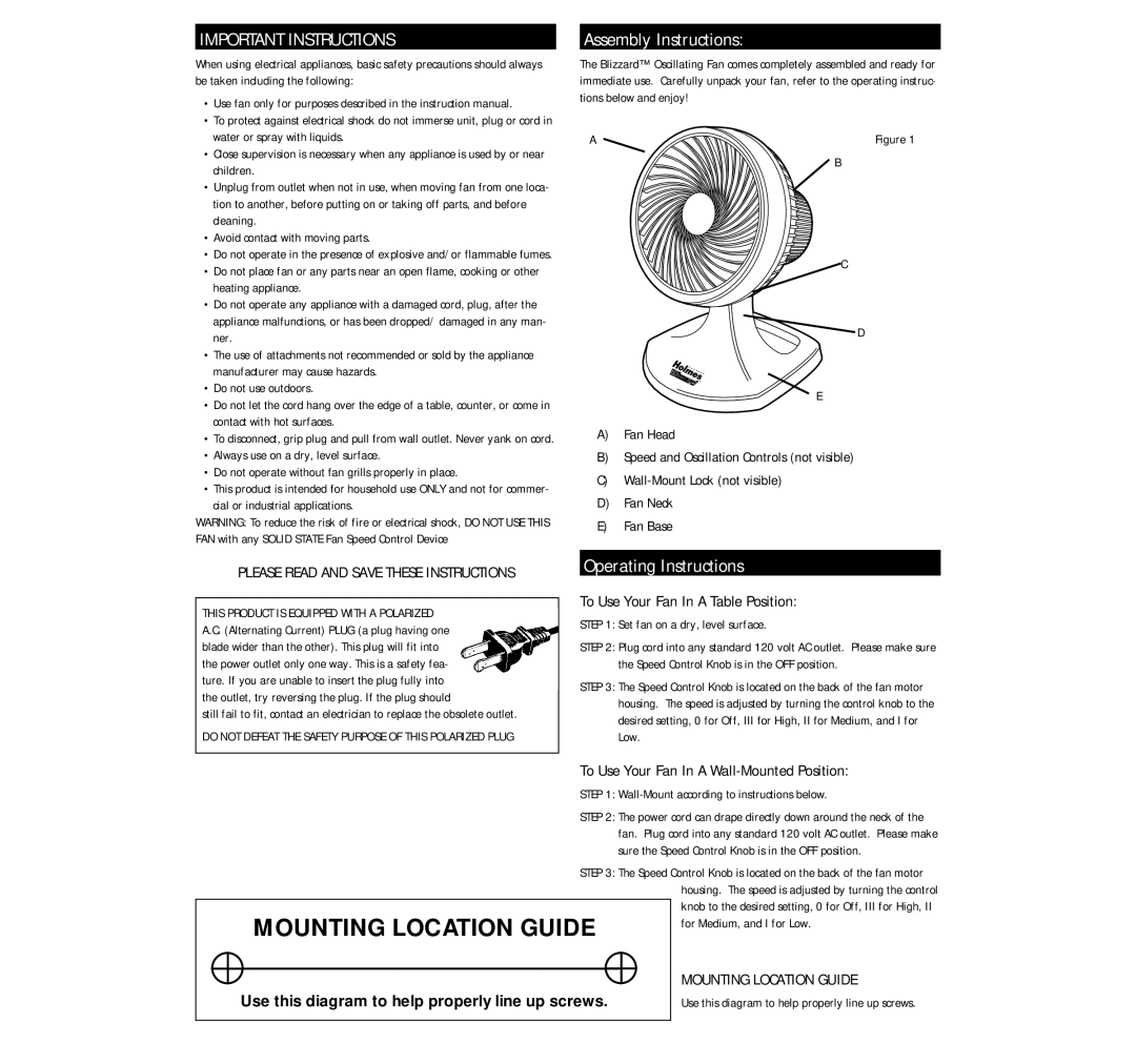 Holmes HAOF-90 manual Important Instructions, Assembly Instructions, Operating Instructions, Mounting Location Guide 