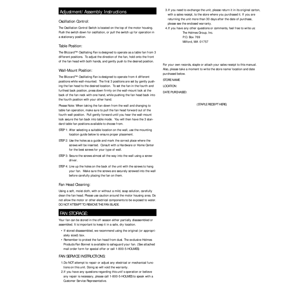 Holmes HAOF-90 manual Adjustment/Assembly Instructions, FAN Storage, FAN Service Instructions 