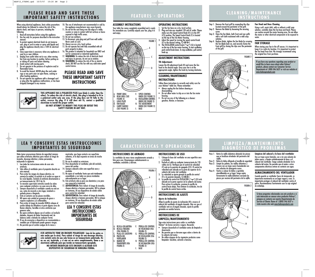 Holmes HAOF12 Series warranty Assembly Instructions, Operating Instructions, Adjustment Instructions, FAN Storage 