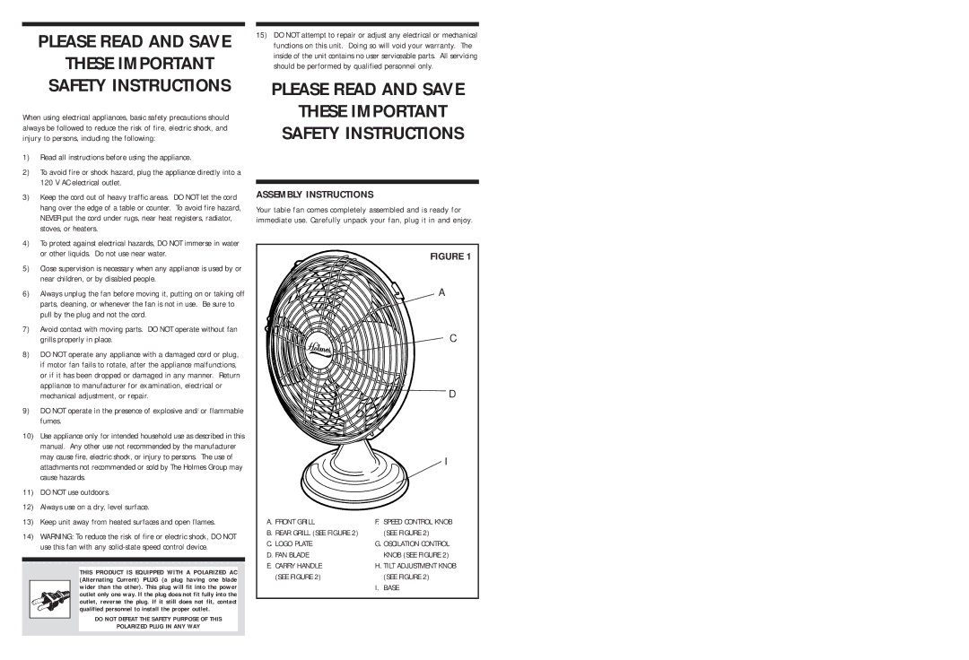 Holmes HAOF12R warranty Assembly Instructions, Read all instructions before using the appliance 