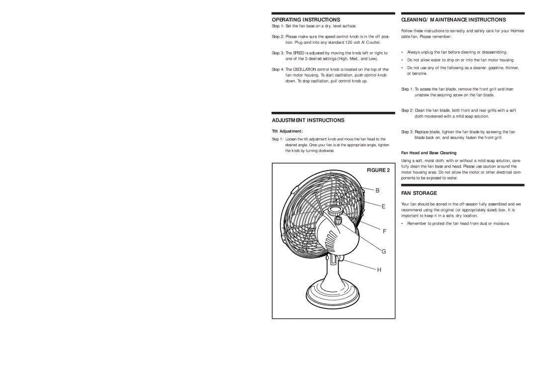 Holmes HAOF12R warranty Operating Instructions, Adjustment Instructions, CLEANING/MAINTENANCE Instructions, FAN Storage 