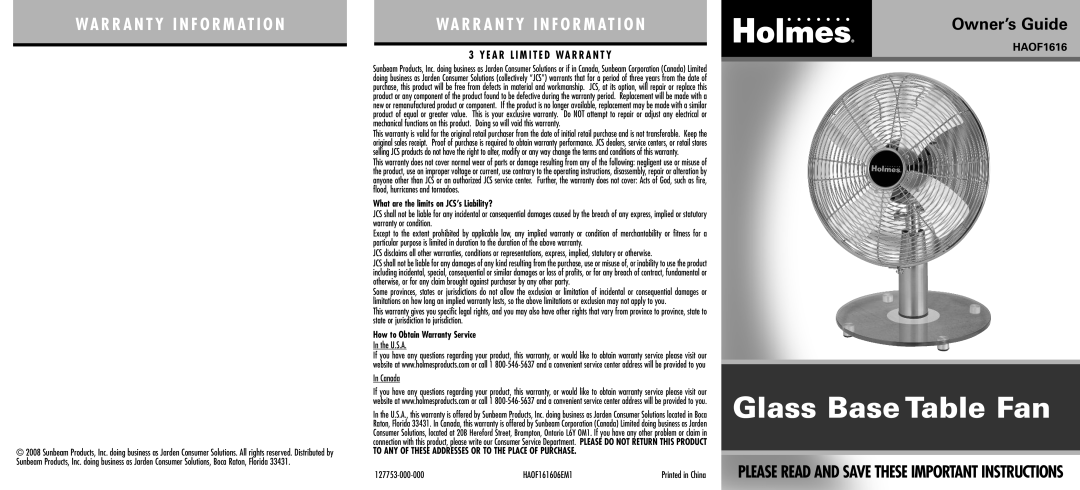 Holmes HAOF1616 warranty Warr A Nt Y I Nformat Io N, Warra Nty I Nf Or M At Io N, Owner’s Guide, Glass Base Table Fan 