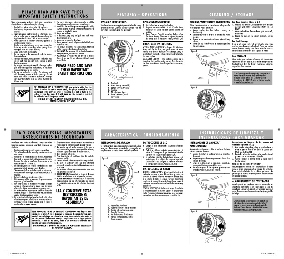 Holmes HAOF85 Assembly Instructions, Operating Instructions, Adjustment Instructions, FAN Storage, Instrucciones DE Armado 