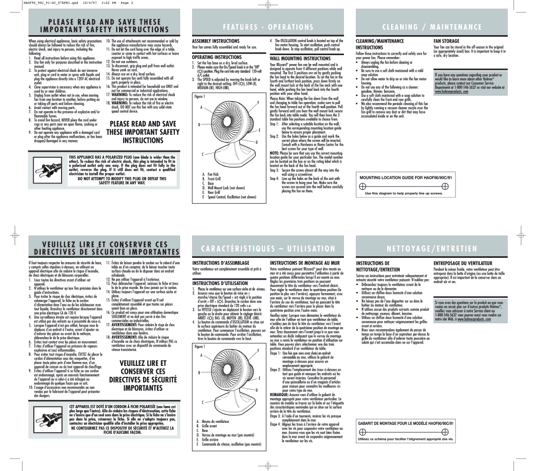 Holmes HAOF91 Assembly Instructions, Operating Instructions, Wall Mounting Instructions, CLEANING/MAINTENANCE Instructions 