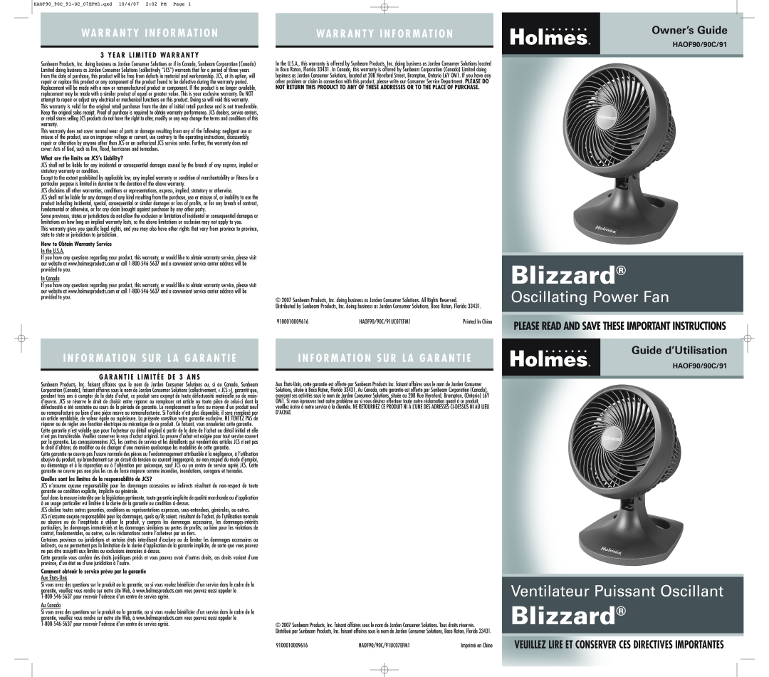 Holmes HAOF90, HAOF90C, HAOF91 warranty Wa R R A N T Y I N F O R M At I O N, Owner’s Guide, Guide d’Utilisation, Blizzard 