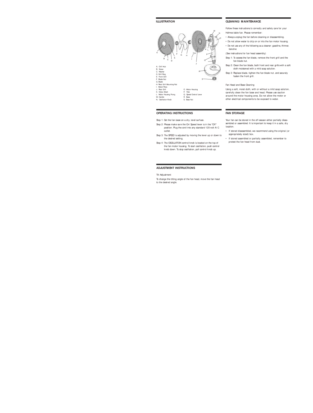 Holmes HAOF933, HAOF1633 Illustration CLEANING/MAINTENANCE, Operating Instructions, FAN Storage, Adjustment Instructions 
