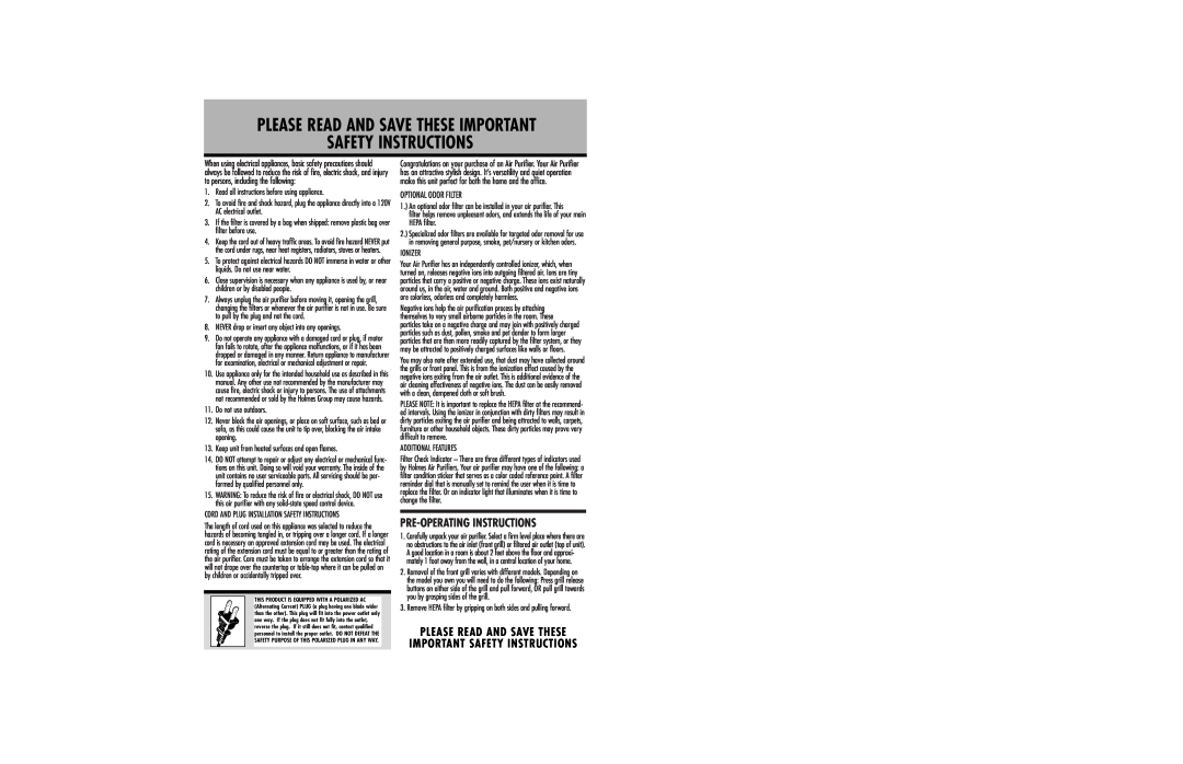 Holmes HAP 220 warranty Pre-Operatinginstructions, Please Read And Save These, Optional Odor Filter, Safety Instructions 