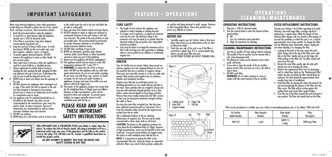 Holmes HAP116Z warranty Cord Safety, Before USE, Operating Instructions, Ionizer 