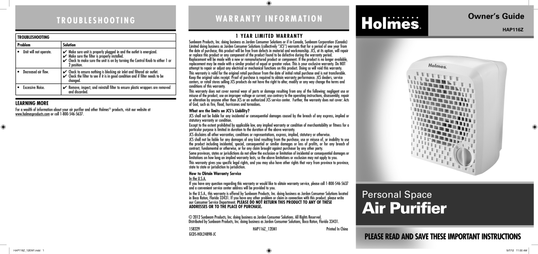 Holmes HAP116Z warranty T R O U B L E S H O O T I N G, Wa R R A N T Y I N F O R M At I O N, Learning More, Troubleshooting 