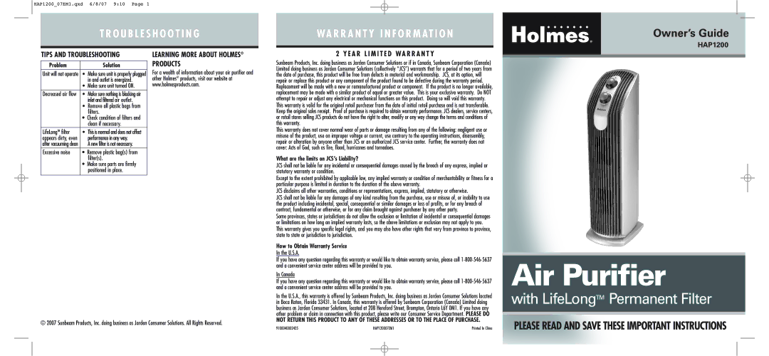 Holmes HAP1200 warranty Tips and Troubleshooting Learning More about Holmes, Products 