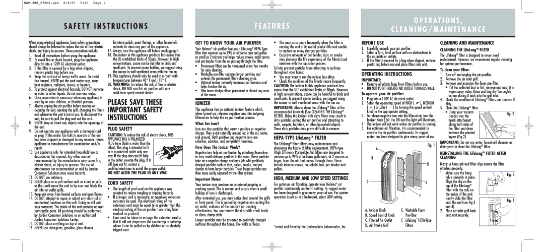 Holmes HAP1200 warranty Plug Safety, Cord Safety, Ionizer, Before USE, Operating Instructions, Cleaning and Maintenance 