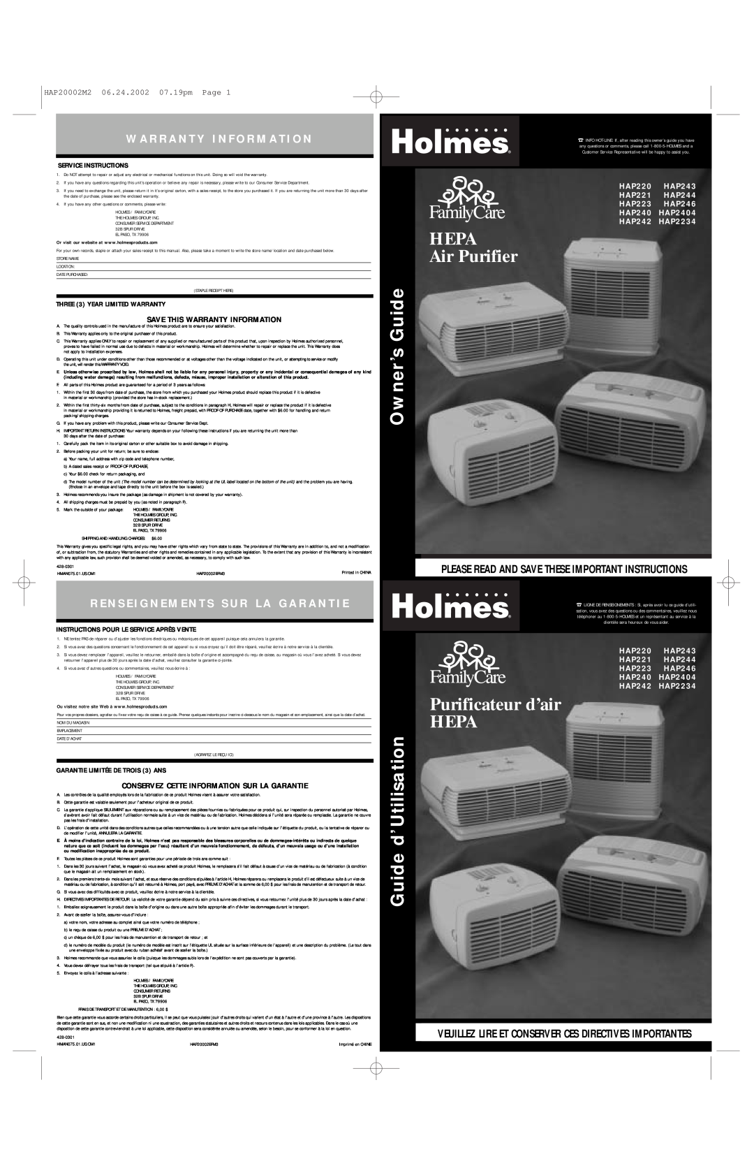 Holmes HAP2404 warranty W A R R A N T Y I N F O R M A T I O N, HEPA Air Purifier, Purificateur d’air HEPA, Owner’s Guide 