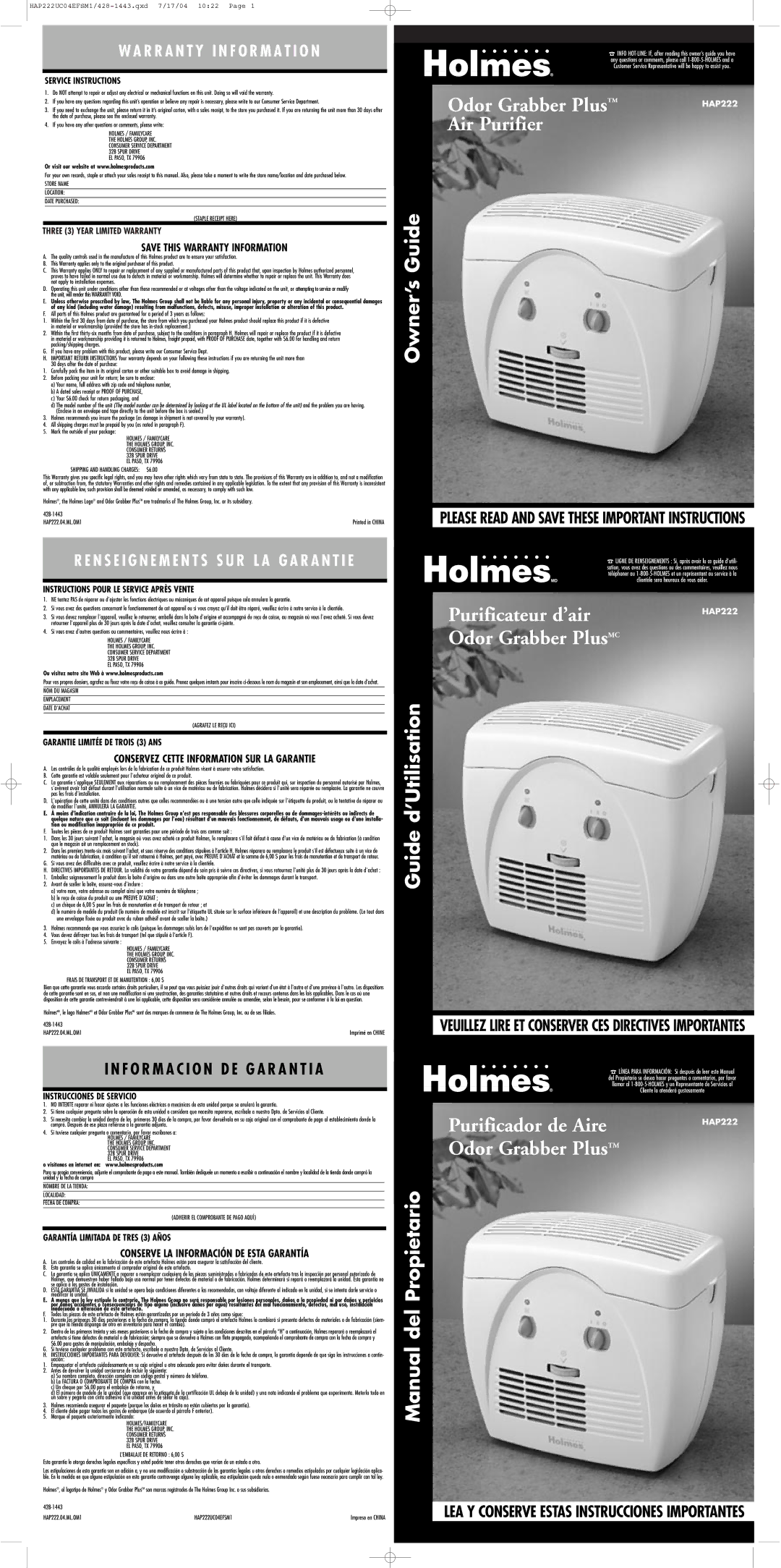 Holmes HAP222 warranty Service Instructions, Three 3 Year Limited Warranty, Instructions Pour LE Service Après Vente 