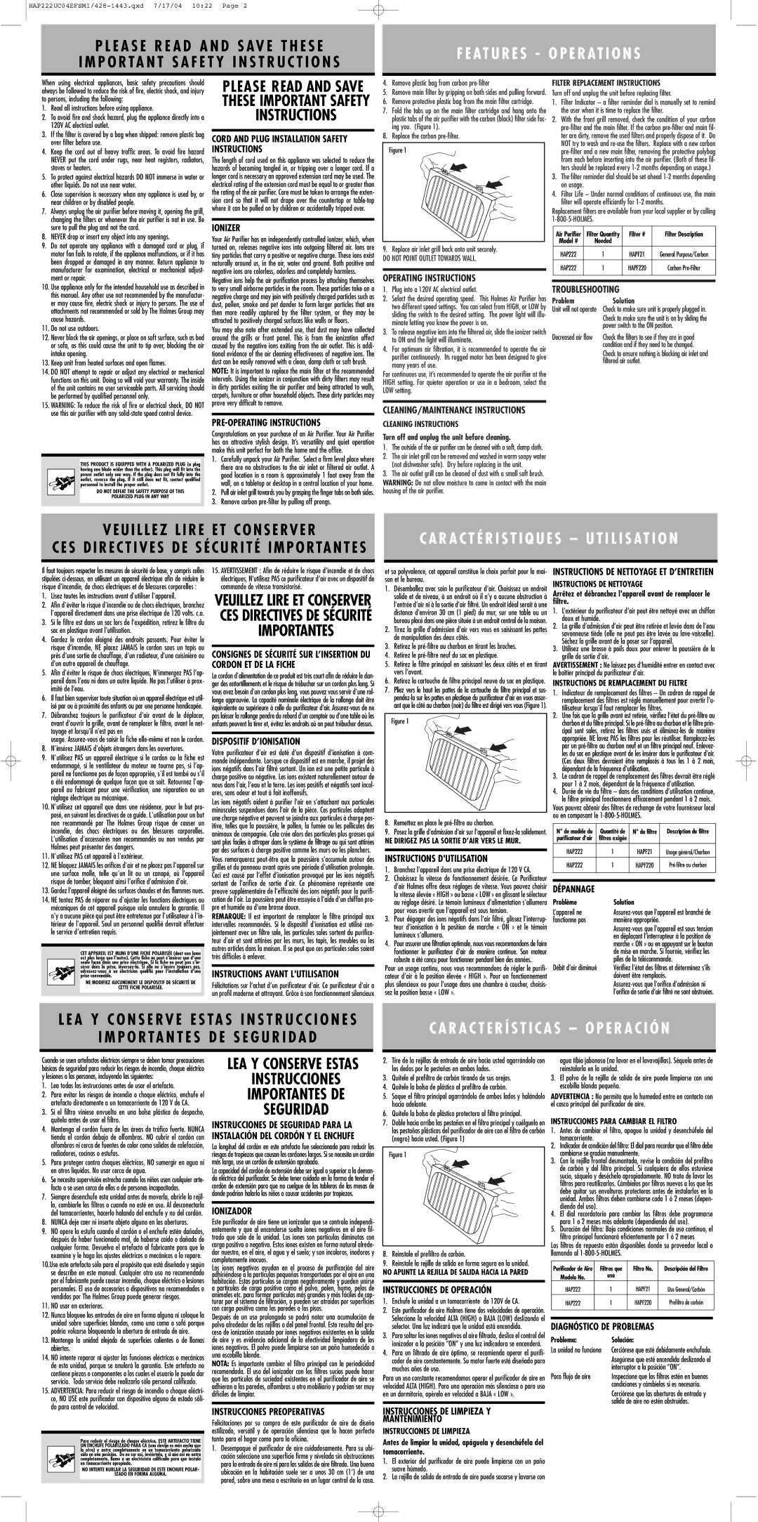 Holmes HAP222 Ionizer, Operating Instructions, Troubleshooting, PRE-OPERATING Instructions, Dispositif D’IONISATION 