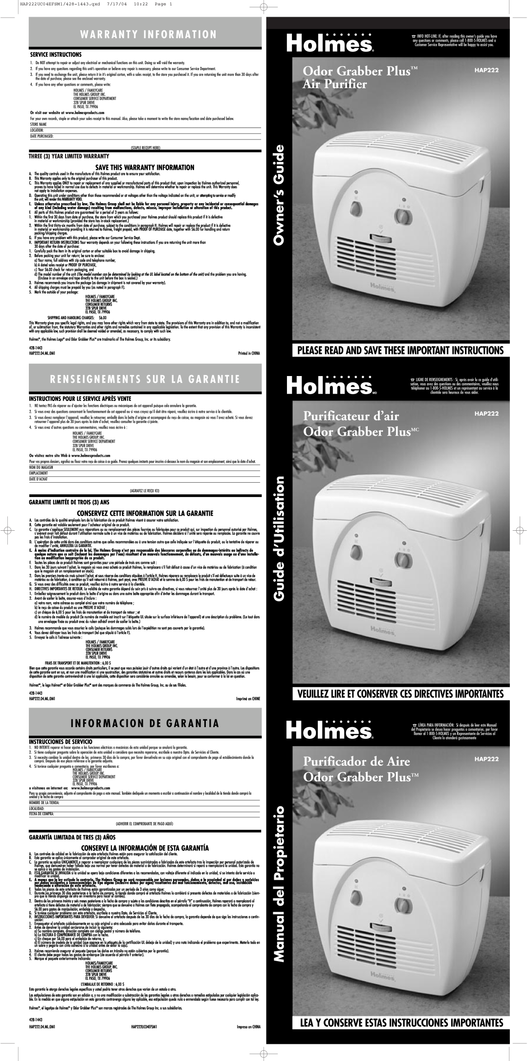 Holmes HAP222 warranty W A R R A N T Y I N F O R M A T I O N, Lea Y Conserve Estas Instrucciones Importantes, Air Purifier 