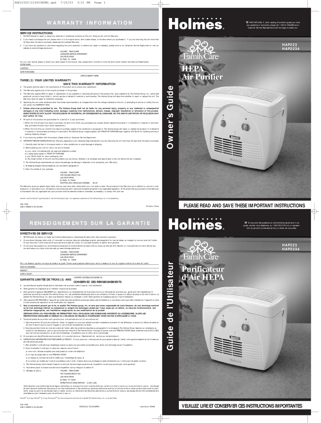 Holmes HAP2234 warranty Service Instructions, Directives DE Service, Garantie Limitée DE Trois 3 ANS 