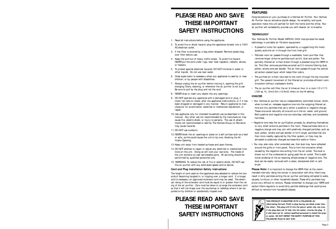 Holmes HAP240 Features, Read all instructions before using the appliance, Do not use outdoors, Technology, Ionizer 