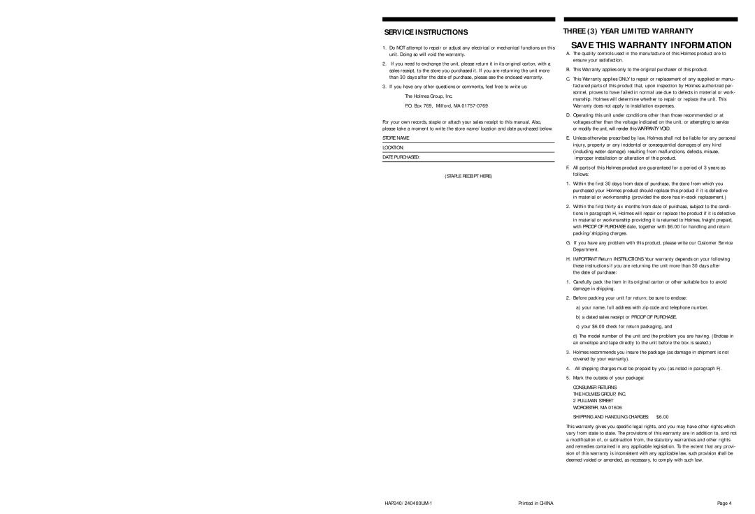 Holmes HAP240/2404 Service Instructions, Three 3 Year Limited Warranty Save this Warranty Information 