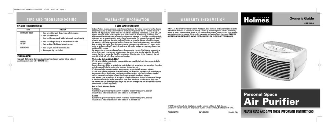 Holmes HAP240008EM1, HAP2400B-U warranty Tips and Troubleshooting, Learning More, Year Limited Warranty 