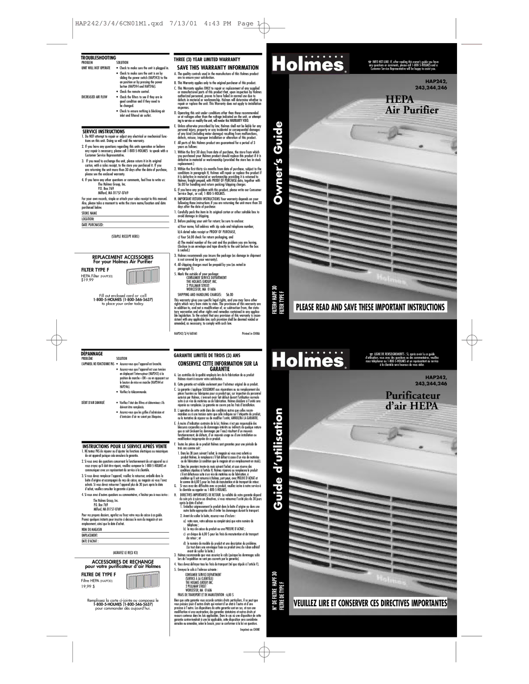 Holmes HAP242 warranty Troubleshooting, Service Instructions, Dépannage, Garantie Limitée DE Trois 3 ANS 