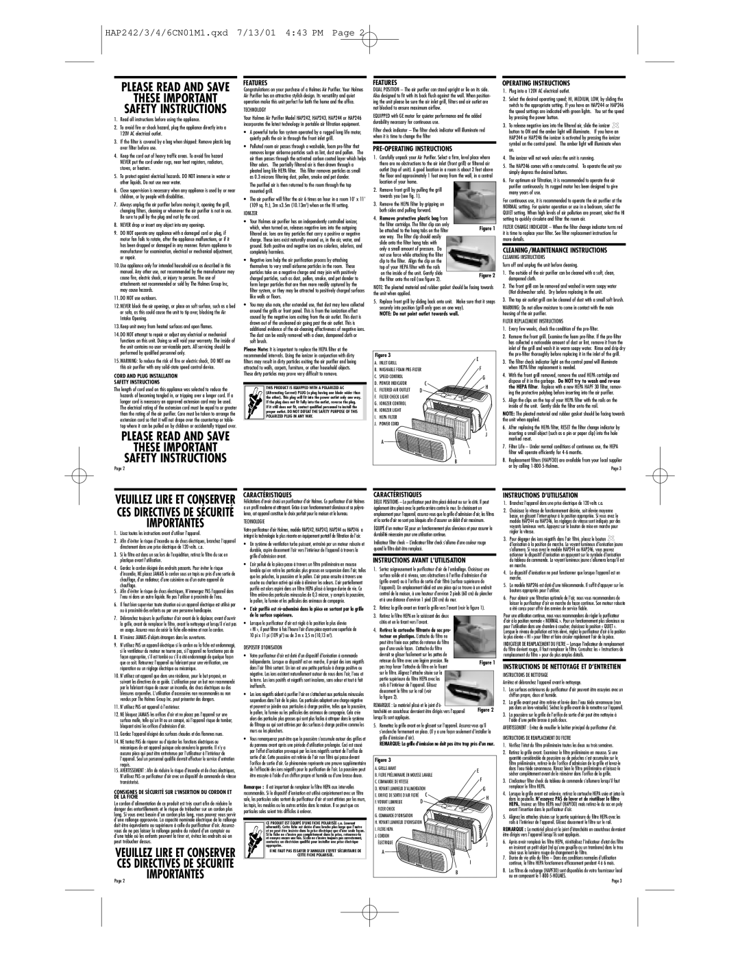 Holmes HAP242 warranty Features, Caractéristiques, PRE-OPERATING Instructions, Instructions Avant Lutilisation 