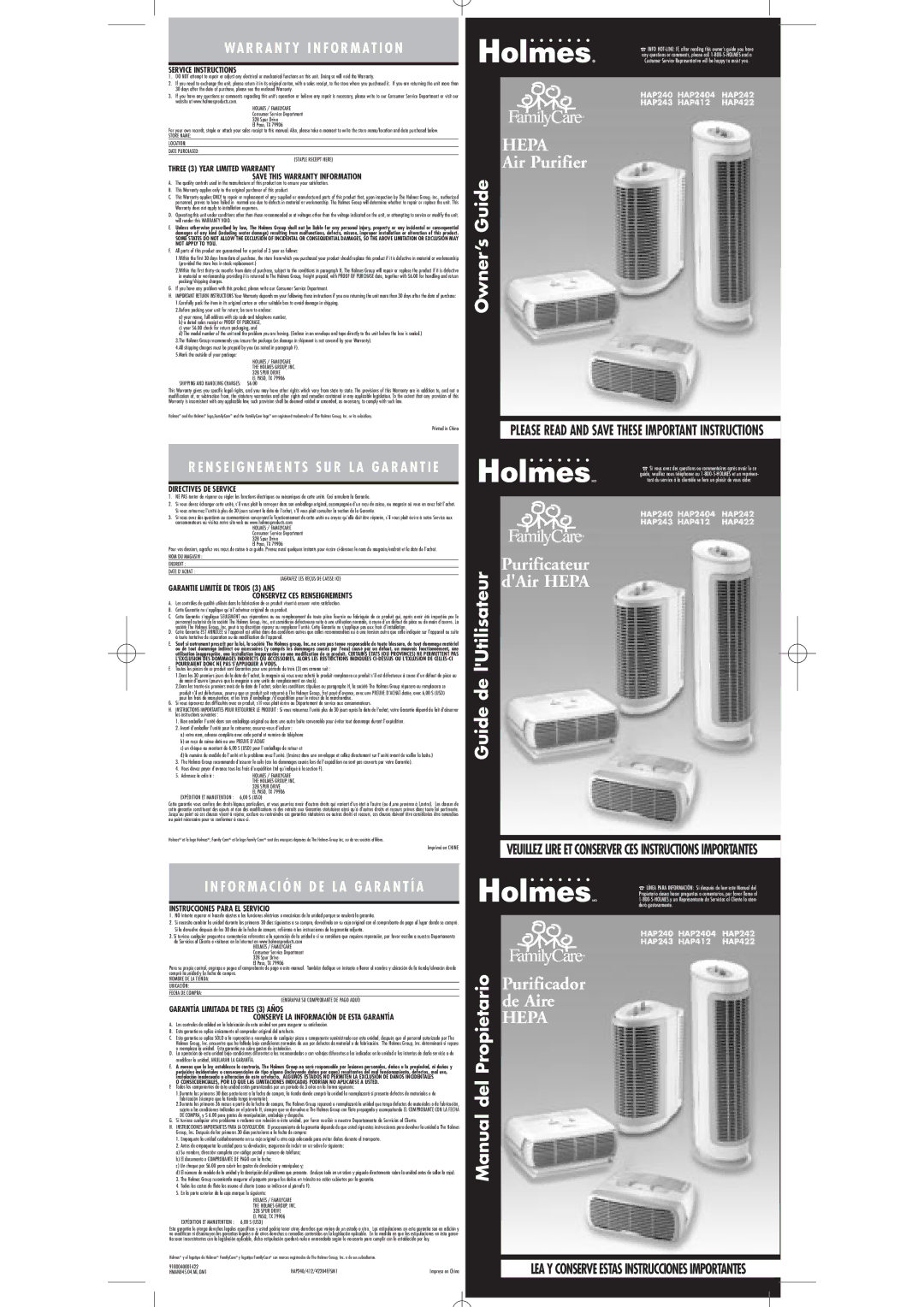 Holmes HAP422 warranty Please Read and Save These Important Instructions, El Paso, TX, Mark the outside of your package 