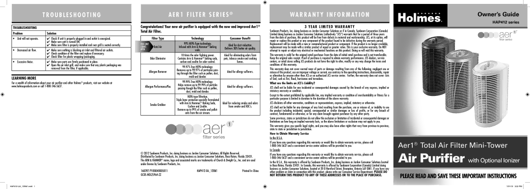 Holmes HAP412 warranty Learning More, Year Limited Warranty 