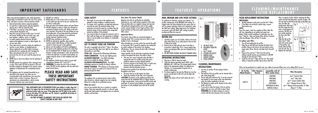 Holmes HAP412 warranty Cord Safety, Before USE, Operating Instructions, Cleaning/Maintenance, Ionizer 