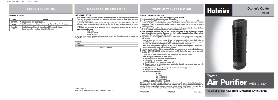 Holmes HAP424 warranty Troubleshooting, Service Instructions, Check to make sure unit is properly plugged, Neosho, Mo 