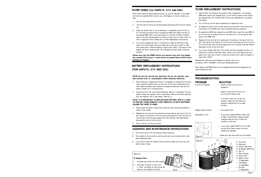 Holmes HAP570, HAP580, HAP575, HAP5604 Filter Replacement Instructions, Troubleshooting Problem Solution, To Replace Filter 