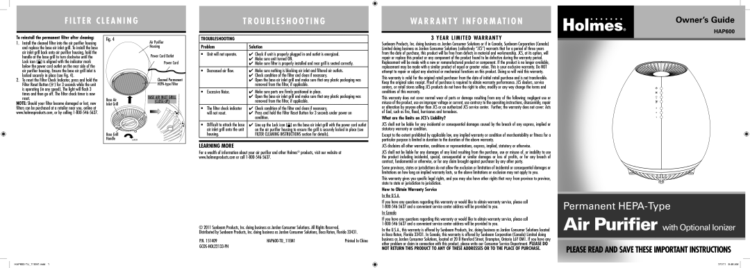 Holmes HAP600 warranty Learning More, Problem, What are the limits on JCS’s Liability?, How to Obtain Warranty Service 