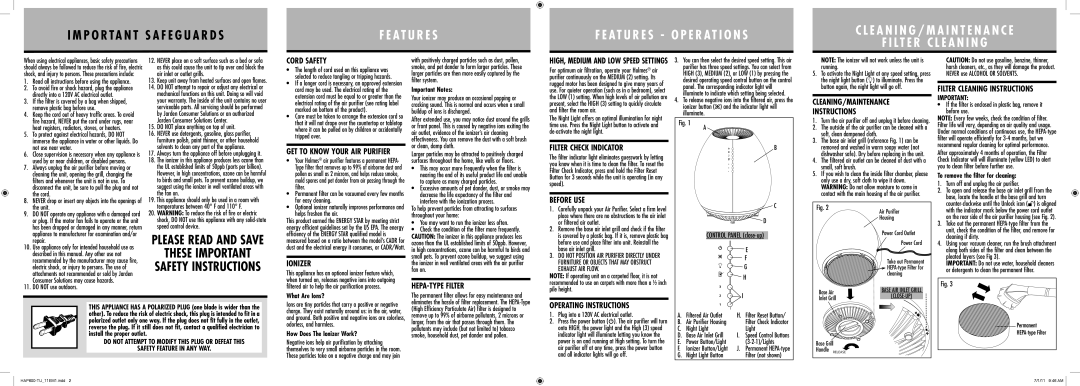 Holmes HAP600 Cord Safety, Ionizer, HEPA-TYPE Filter, Filter Check Indicator, Before USE, Filter Cleaning Instructions 