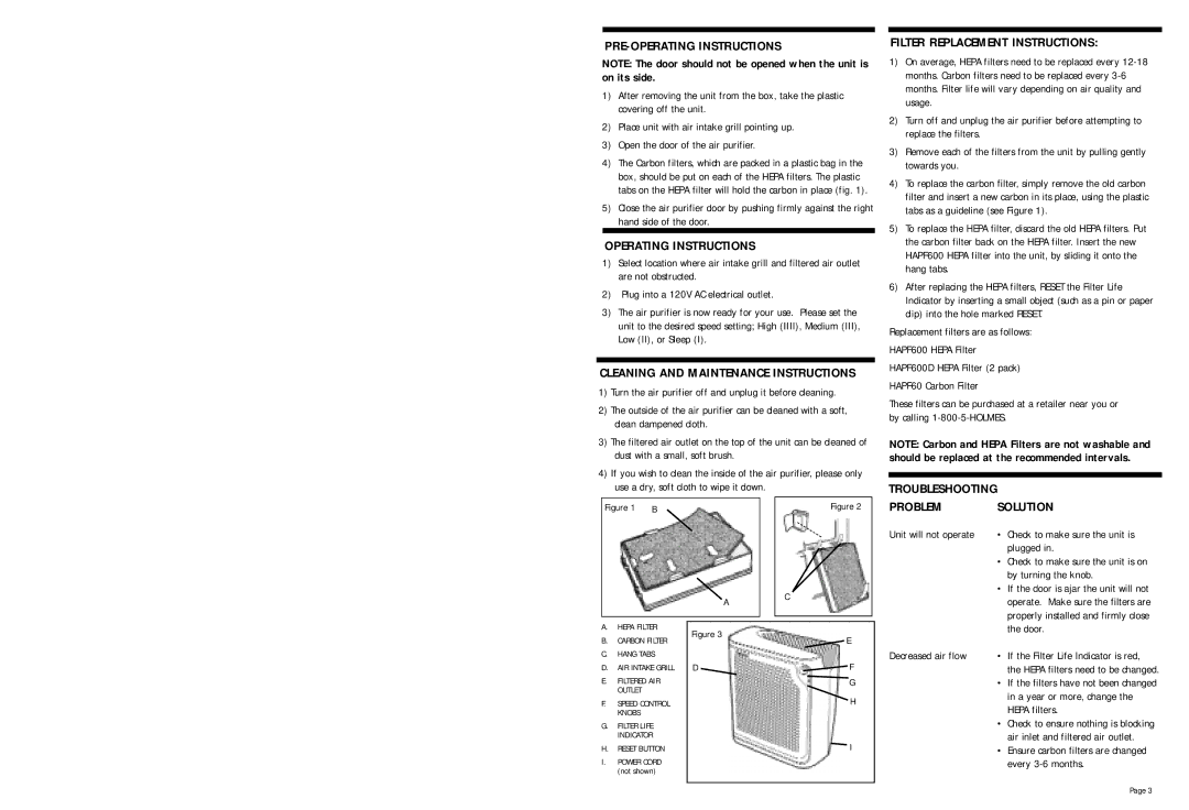 Holmes HAP675, HAP625, HAP615, HAP650 PRE-OPERATING Instructions, Operating Instructions, Filter Replacement Instructions 