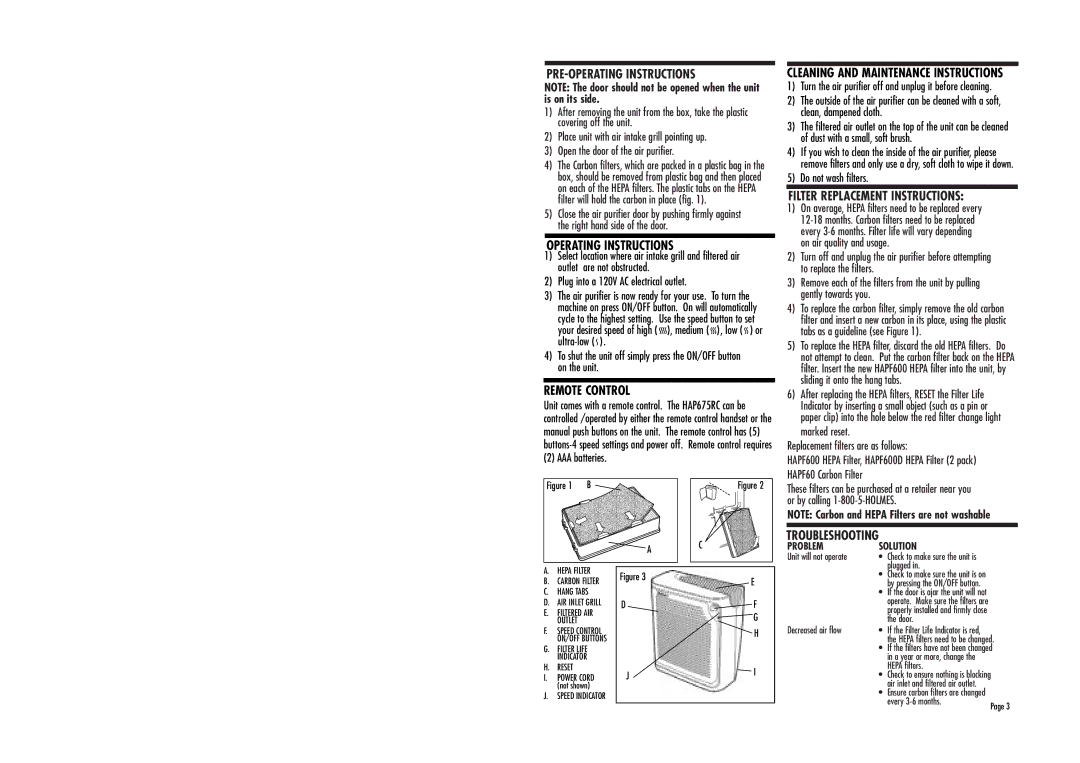 Holmes HAP675RC PRE-OPERATING Instructions, Operating Instructions, Remote Control, Filter Replacement Instructions 