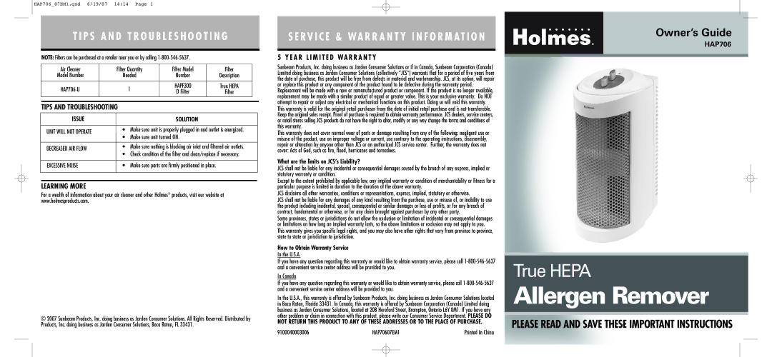 Holmes HAP706 warranty Tips and Troubleshooting, Learning More, What are the limits on JCS’s Liability? 