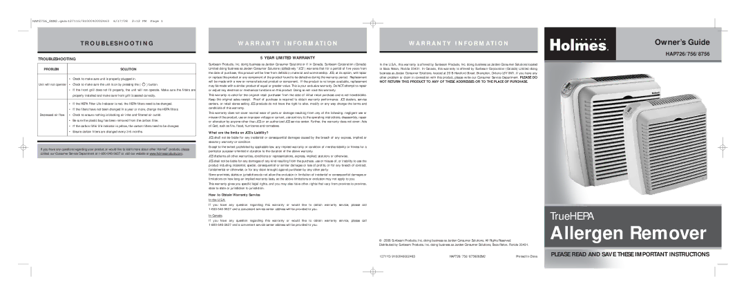 Holmes HAP8756, HAP756 warranty Troubleshooting, Year Limited Warranty, What are the limits on JCS’s Liability? 