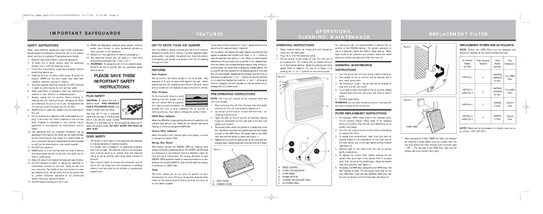 Holmes HAP756 Safety Instructions, Plug Safety, Cord Safety, Features, PRE-OPERATING Instructions, Operating Instructions 