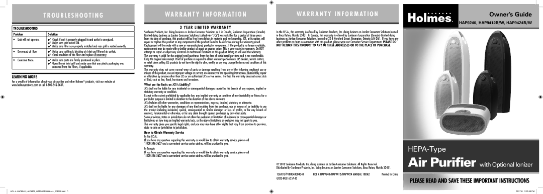 Holmes HAP9424 warranty Learning More, Year Limited Warranty, Problem Solution, What are the limits on JCS’s Liability? 