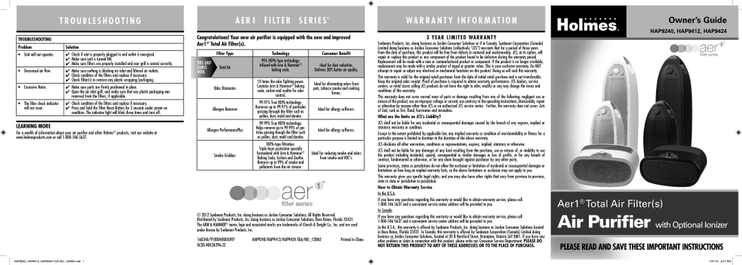 Holmes HAP9424, HAP9240, HAP9412 warranty Learning More, Year Limited Warranty 