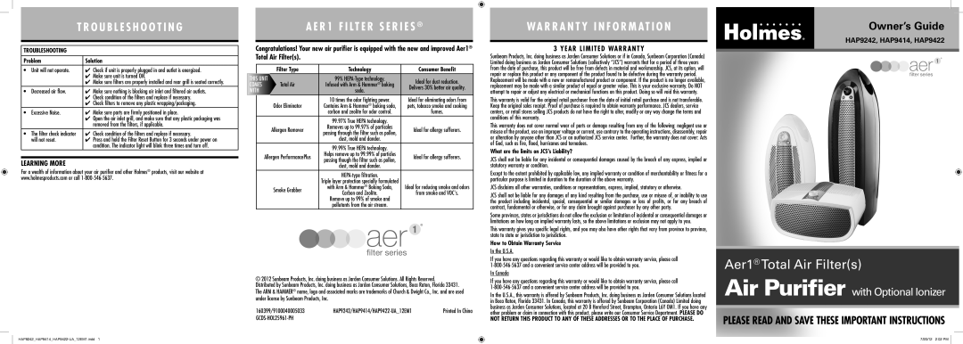 Holmes HAP9414, HAP9422, HAP9242 warranty Learning More, Year Limited Warranty 