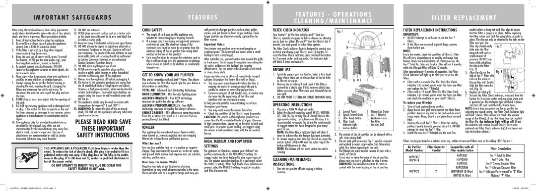 Holmes HAP9242, HAP9422, HAP9414 Cord Safety, Ionizer, Filter Check Indicator, Before USE, Operating Instructions, Settings 