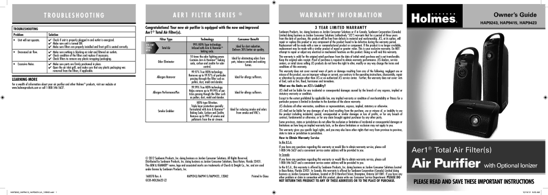 Holmes HAP9243 warranty Problem Solution, Filter Type Technology Consumer Benefit, What are the limits on JCS’s Liability? 