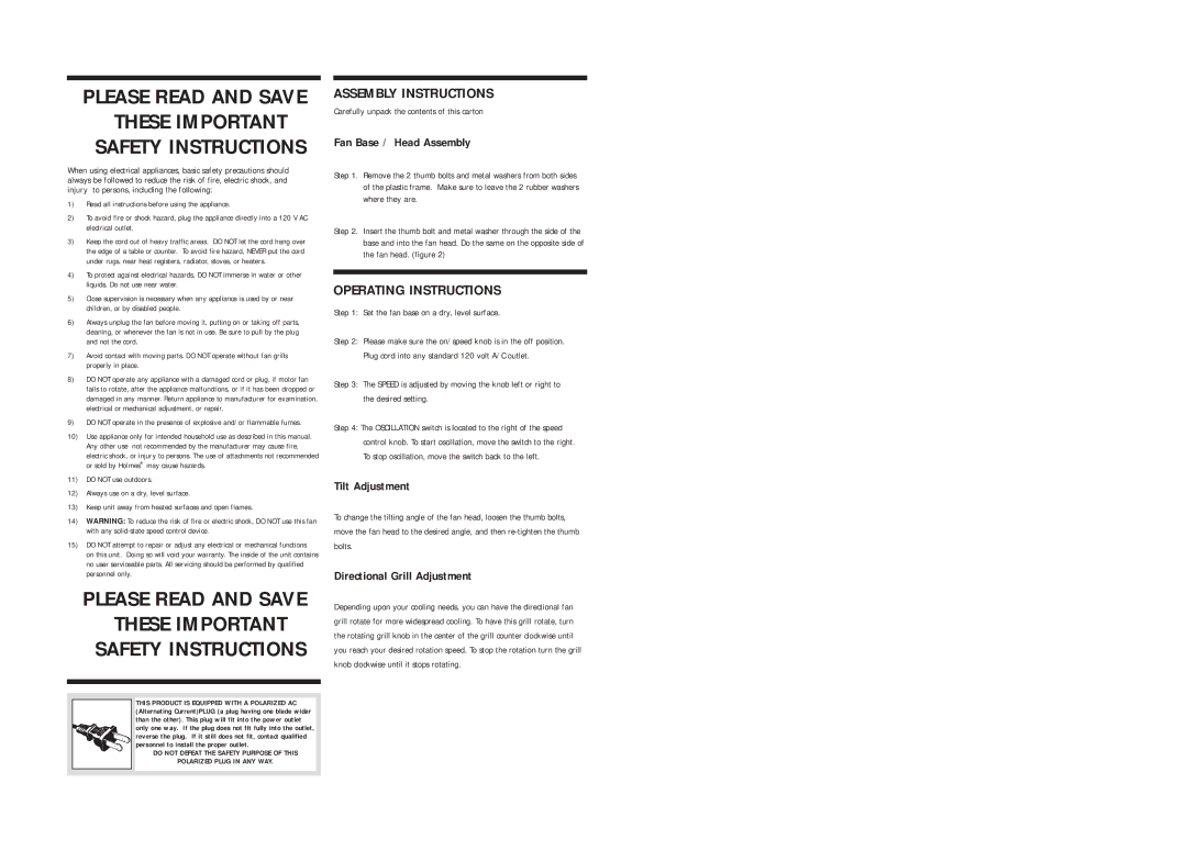 Holmes HAPF1122 warranty Assembly Instructions, Operating Instructions 