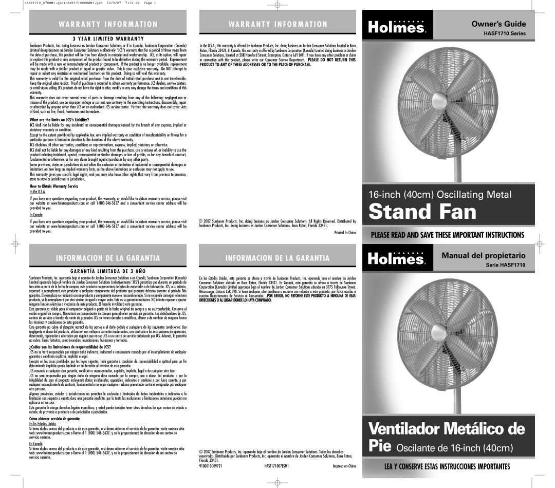 Holmes HASF-1710 warranty What are the limits on JCS’s Liability?, How to Obtain Warranty Service 