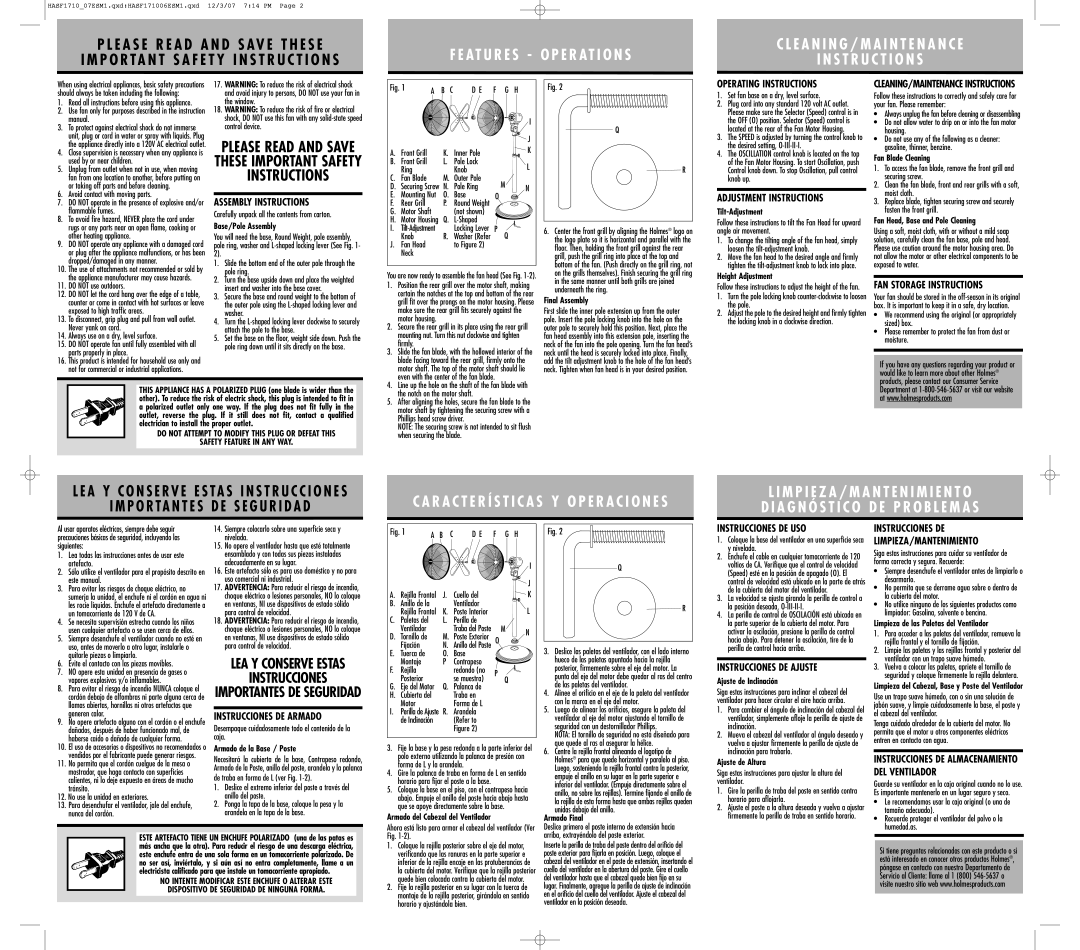 Holmes HASF-1710 warranty Assembly Instructions, Operating Instructions, Adjustment Instructions, FAN Storage Instructions 