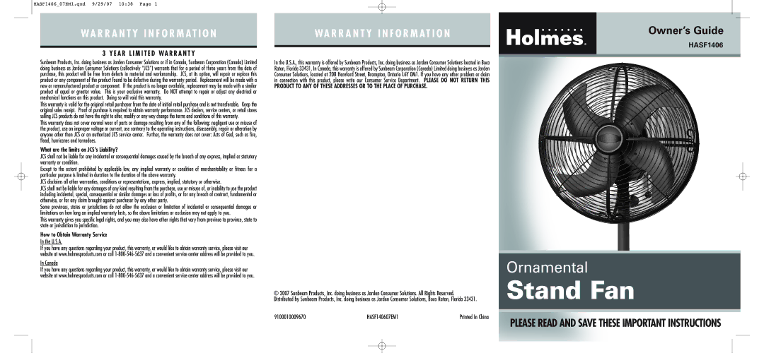 Holmes warranty U.S.A, Canada, HASF140607EM1 