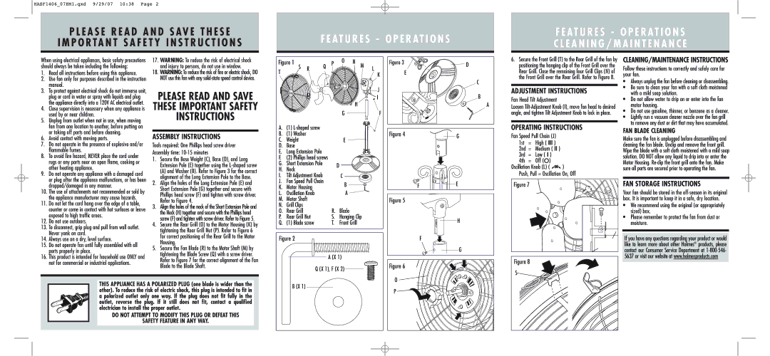 Holmes HASF1406 warranty Adjustment Instructions, Assembly Instructions, Operating Instructions, FAN Storage Instructions 