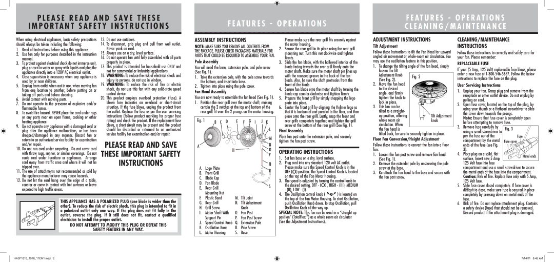 Holmes HASF1516 Assembly Instructions, Operating Instructions, Adjustment Instructions, CLEANING/MAINTENANCE Instructions 